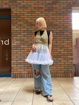 「古着のアイテム（トップス、ベージュ系）」を使った、くみこさん（レディース・150cm）の夏コーディネート