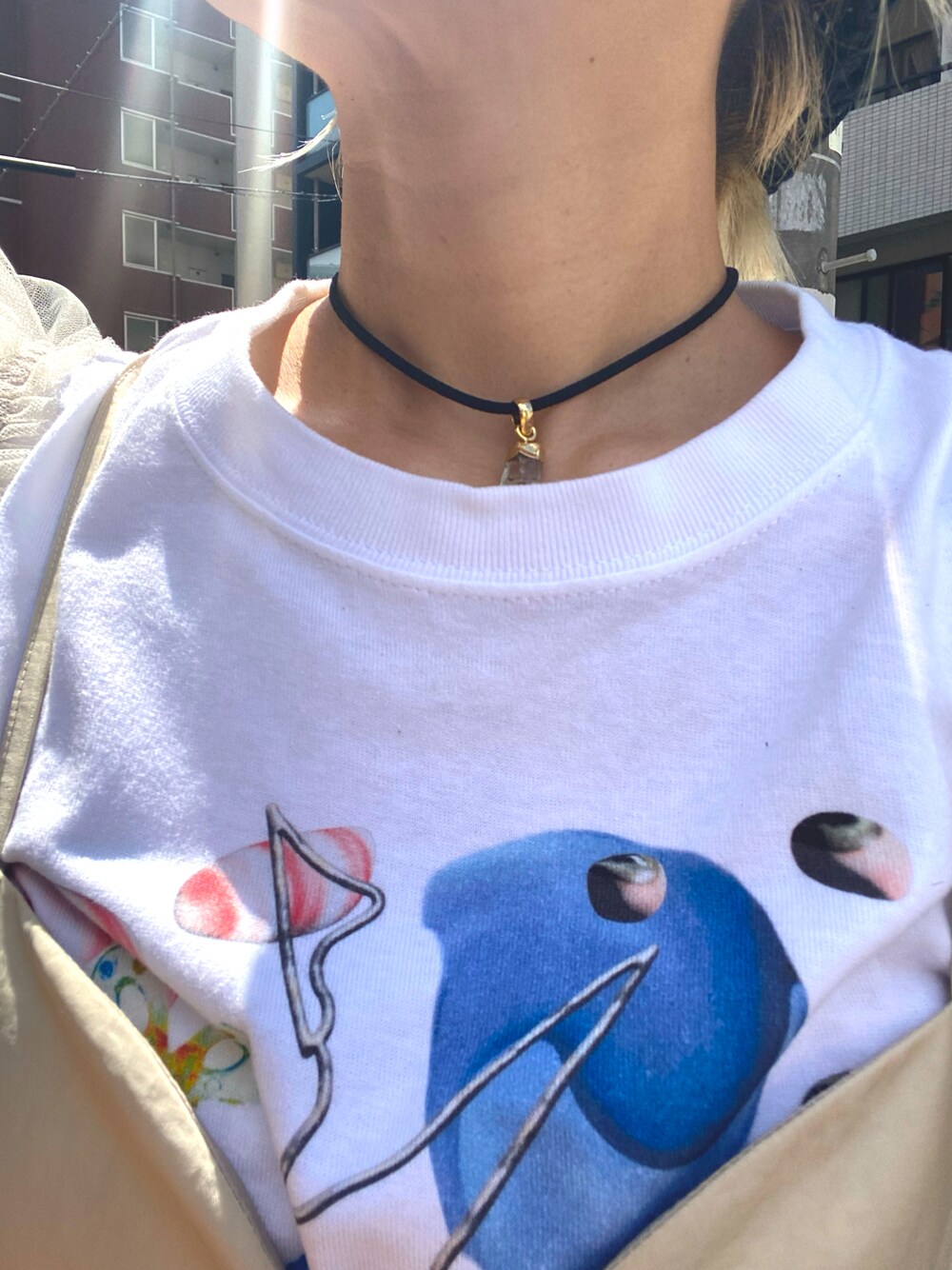 「レイヤードスタイル、夏コーデ、夏だ！Tシャツ着よう！、休日スタイル、リラックススタイル、おしゃれさんと繋がりたい、今日のコーデ、お洒落さんとつながりたい、ランチコーデ、休日コーデ、低身長、チョーカー、ネックレス、チュール、白Tシャツ」｜「oyster serviceのアイテム（Tシャツ/カットソー、ホワイト系）」を使った、くみこさん（レディース・150cm）の夏コーディネートの1枚目の写真