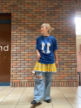 「VINTAGE（ヴィンテージ）のアイテム（Tシャツ/カットソー、ブルー系）」を使った、くみこさん（レディース・150cm）の夏コーディネート