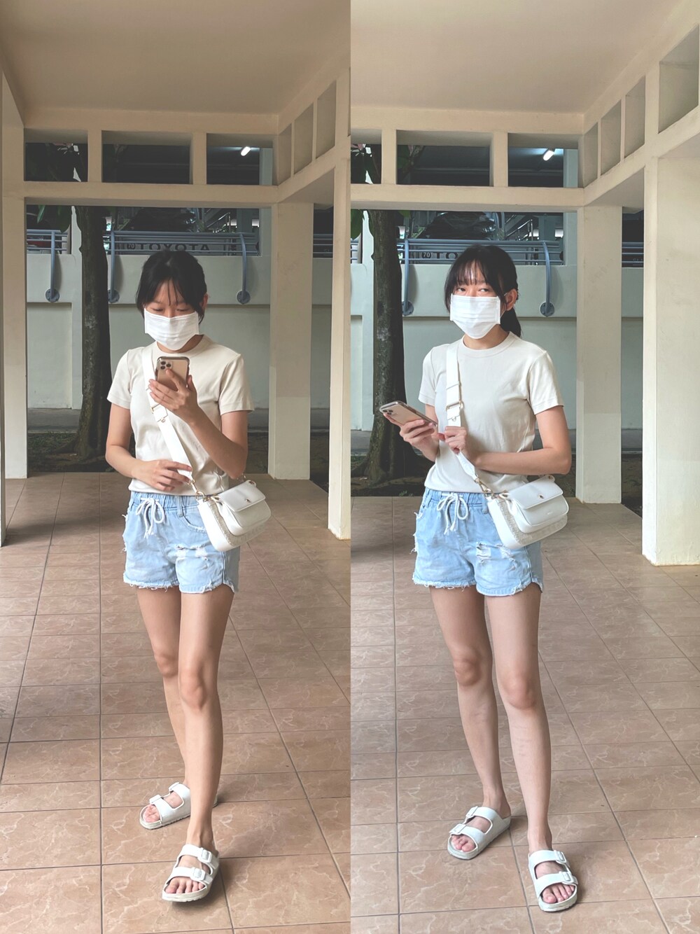 「UNIQLOのアイテム（Tシャツ/カットソー、ベージュ系）」を使った、Shelly.rec.🇲🇾さん（レディース・156cm）の夏コーディネートの1枚目の写真