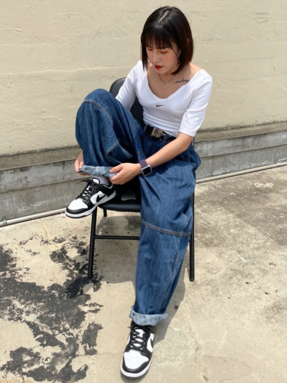 「NIKEのアイテム（Tシャツ/カットソー、ホワイト系）」を使った、s0a5n1d4yさん（レディース・153cm）の夏コーディネートの1枚目の写真