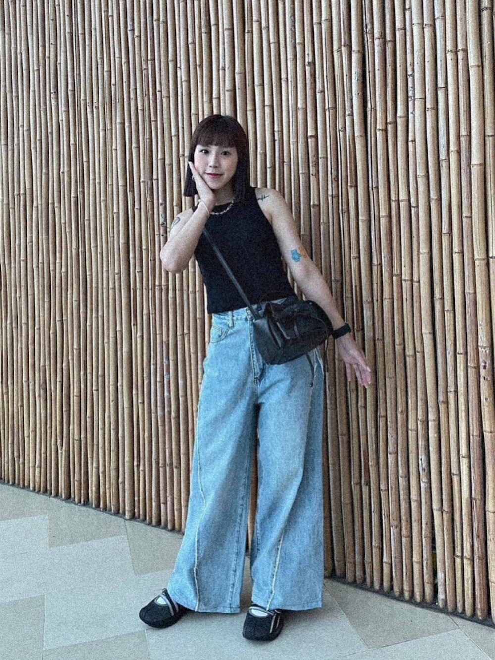 「GUのアイテム（タンクトップ、ブラック系）」を使った、s0a5n1d4yさん（レディース・153cm）の夏コーディネートの1枚目の写真