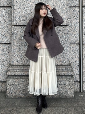 「アイテム（ピーコート、ブラウン系）」を使った、Sayaさん（レディース・163cm）の秋コーディネート