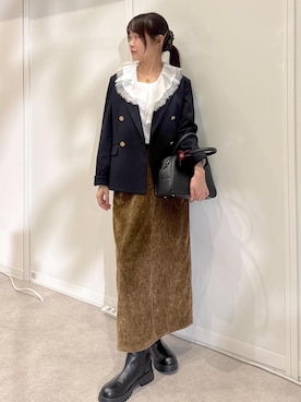 「ROPE' PICNIC（ロペピクニック）のシェニール織り アイライン スカート（Skirt、ブラウン系）」を使った、Reiさん（レディース・158cm）の秋コーディネート