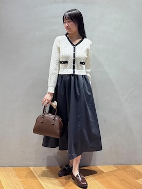 「ROPE' PICNIC（ロペピクニック）のミニケーブルニットドッキングワンピース（One piece dress、ホワイト系）」を使った、Reiさん（レディース・158cm）の秋コーディネート