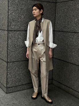 リネンファブリックコンビ ロングジレを使った人気ファッション