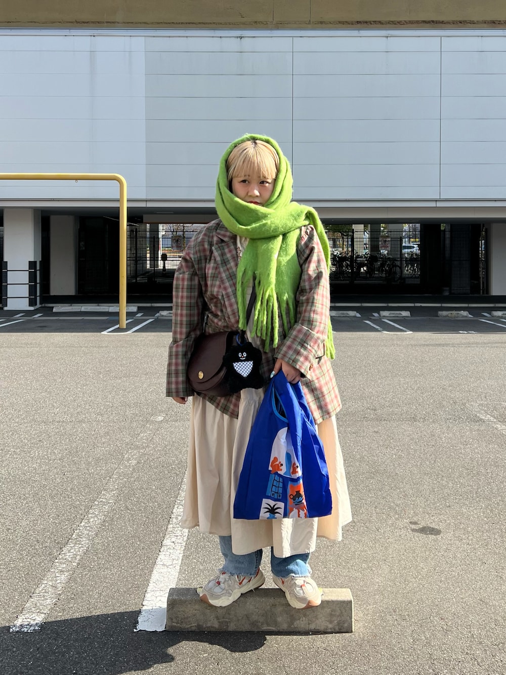 「冬コーデ、お出かけコーデ、シンプルスタイル、レイヤードスタイル、ジャケット、チェック、マフラー、エコバッグ、スニーカー、NIKE、BIRTHDAY BAR」｜「BIRTHDAY BARのumao×BIRTHDAY BAR　マスコットポーチ付きエコバッグ（エコバッグ/サブバッグ、ブラック系）」を使った、ちゃみまる🐶さん（レディース・146cm）の冬コーディネートの1枚目の写真