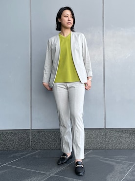 「ストレートパンツ」｜「アイテム（ノーカラージャケット）」を使った、matsuさん（レディース・171cm）の夏コーディネート