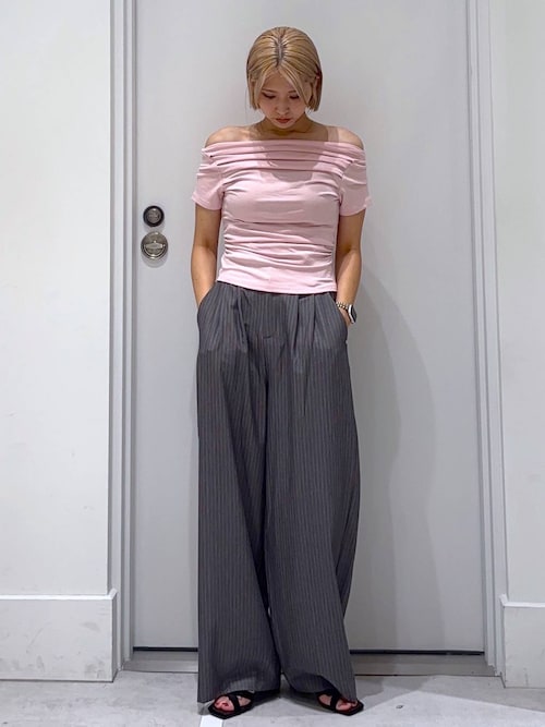 【 完売品 】 WISHFOREVER ストライプ スラックス WISH FOR EVER（ウィッシュフォーエバー）の「WIDE TUCK BUTTON