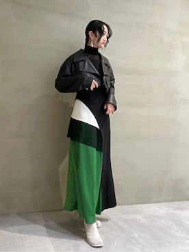 「UN3D.（アンスリード）のアイテム（ライダースジャケット）」を使った、KANAEさん（レディース・162cm）の冬コーディネート