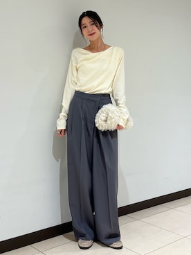 「Ungrid（アングリッド）のタックデザインオフショルロングスリーブTee（Tシャツ/カットソー）」を使った、加藤早織さん（レディース・163cm）の秋コーディネート