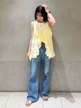 「アイテム（キャミソール、イエロー系）」を使った、加藤早織さん（レディース・163cm）の夏コーディネート