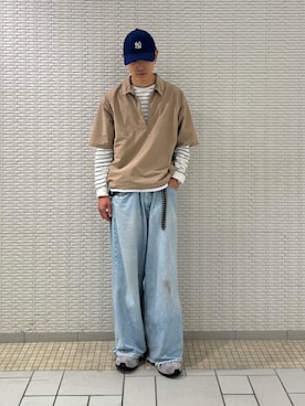 「URBAN RESEARCH DOORS（アーバンリサーチドアーズ）のフルダルナイロンハーフジップアクティブプルオーバー（シャツ/ブラウス、ベージュ系）」を使った、江口尊将さん（メンズ・174cm）の春コーディネート