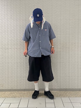 「URBAN RESEARCH DOORS（アーバンリサーチドアーズ）のDANTON　WORK SHIRTS SHORT-SLEEVE（シャツ/ブラウス、その他）」を使った、江口尊将さん（メンズ・174cm）の夏コーディネート