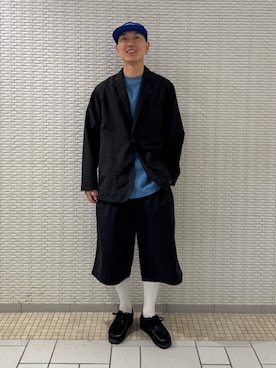 「URBAN RESEARCH DOORS（アーバンリサーチドアーズ）の『別注』BURLAP OUTFITTER×DOORS　SUPPLEX NYLON 2B JACKET（テーラードジャケット、ブラック系）」を使った、江口尊将さん（メンズ・174cm）の春コーディネート