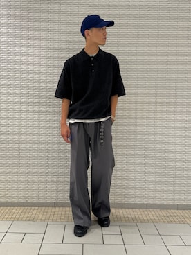 「URBAN RESEARCH DOORS（アーバンリサーチドアーズ）のFORK&SPOON　ボーダーショートスリーブニットポロ（ニット/セーター、グレー系）」を使った、江口尊将さん（メンズ・174cm）の夏コーディネート