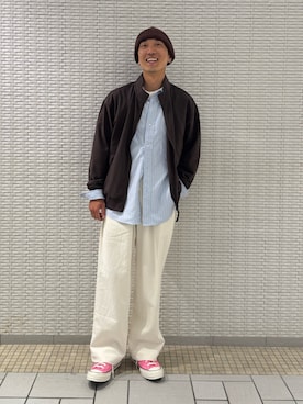「URBAN RESEARCH DOORS（アーバンリサーチドアーズ）のDANTON　SWEAT ZIP BLOUSON（テーラードジャケット、ブラウン系）」を使った、江口尊将さん（メンズ・174cm）の夏コーディネート