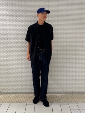 「FORK&SPOON（フォークアンドスプーン）のFORK&SPOON　クリンクルショートスリーブシャツ（シャツ/ブラウス、ブラック系）」を使った、江口尊将さん（メンズ・174cm）の夏コーディネート