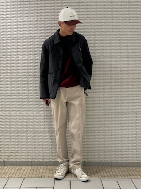 「アイテム（カバーオール）」を使った、江口尊将さん（メンズ・174cm）の冬コーディネート