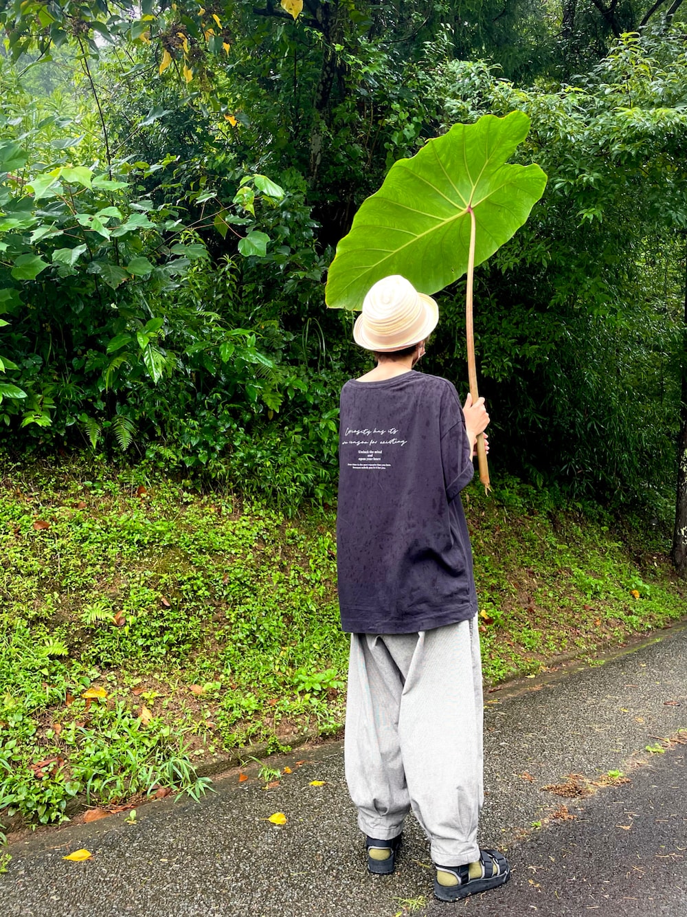 ブラック系のTシャツ/カットソー、グレー系のその他パンツ、ブラック系のサンダルを着用したレディースの夏コーディネートの1枚目の写真