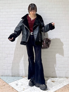 「PAGEBOY（ページボーイ）のムートンファーライダース（ライダースジャケット、ブラック系）」を使った、matsuさん（レディース・156cm）の秋コーディネート