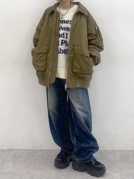 「PBLIM（ページボーイリム）の《UNISEX》スラブブリーチデニム（デニムパンツ）」を使った、matsuさん（レディース・156cm）の秋コーディネート