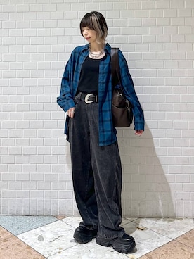 「PAGEBOY（ページボーイ）のオンブレチェックシャツ/チェックシャツ【2WAY仕様/シワになりにくい】（シャツ/ブラウス、ブルー系）」を使った、matsuさん（レディース・156cm）の夏コーディネート