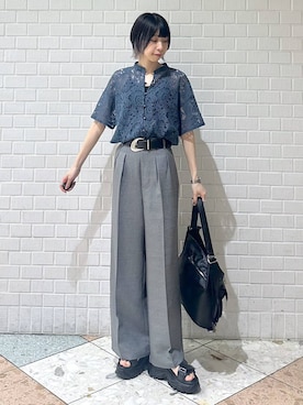 「PAGEBOY（ページボーイ）のWEB限定カラーあり / レースバンドカラーシャツ（シャツ/ブラウス、グリーン系）」を使った、matsuさん（レディース・156cm）の春コーディネート