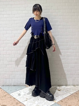 「PAGEBOY（ページボーイ）の【マシンウォッシャブル/前後2WAY】レースアップリブ×タンクSET（Tシャツ/カットソー、ブルー系）」を使った、matsuさん（レディース・156cm）の夏コーディネート
