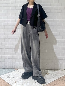 「PAGEBOY（ページボーイ）のフラップデザインショートジャケット（テーラードジャケット、ブラック系）」を使った、matsuさん（レディース・156cm）の夏コーディネート