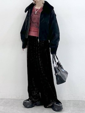 「PAGEBOY（ページボーイ）のレースカレッジスウェット/トレーナー【SHORT/LONG2サイズ展開】（スウェット、レッド系）」を使った、matsuさん（レディース・156cm）の秋コーディネート