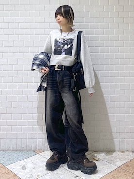 「PBLIM（ページボーイリム）の《UNISEX》スラブブリーチデニム（デニムパンツ）」を使った、matsuさん（レディース・156cm）の秋コーディネート