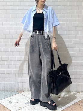 「PAGEBOY（ページボーイ）のモードバックルベルト3（ベルト、ブラック系）」を使った、matsuさん（レディース・156cm）の夏コーディネート