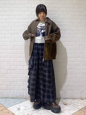 「PAGEBOY（ページボーイ）のラインフリンジティアードスカート/フリルスカート【ウエストゴム・ストレスフリー】（スカート）」を使った、matsuさん（レディース・156cm）の秋コーディネート