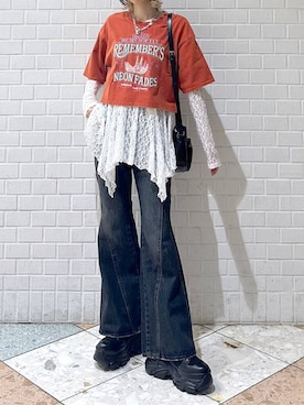 「PAGEBOY（ページボーイ）のレースアップソックスブーツ（ブーツ、ブラック系）」を使った、matsuさん（レディース・156cm）の春コーディネート