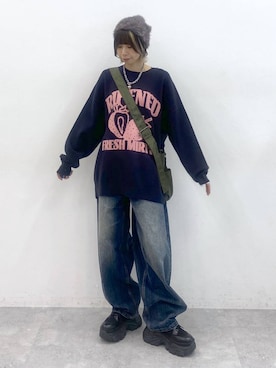 「PBLIM（ページボーイリム）の《UNISEX》スラブブリーチデニム（デニムパンツ）」を使った、matsuさん（レディース・156cm）の秋コーディネート