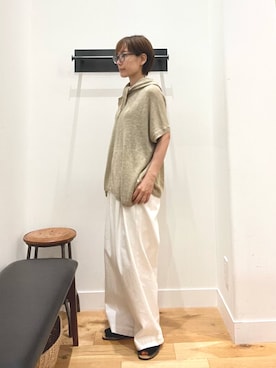 「PENELOPE（ペネローペ）のPENELOPE　メノルカサンダル（サンダル、ブラック系）」を使った、iseさん（レディース・157cm）の夏コーディネート