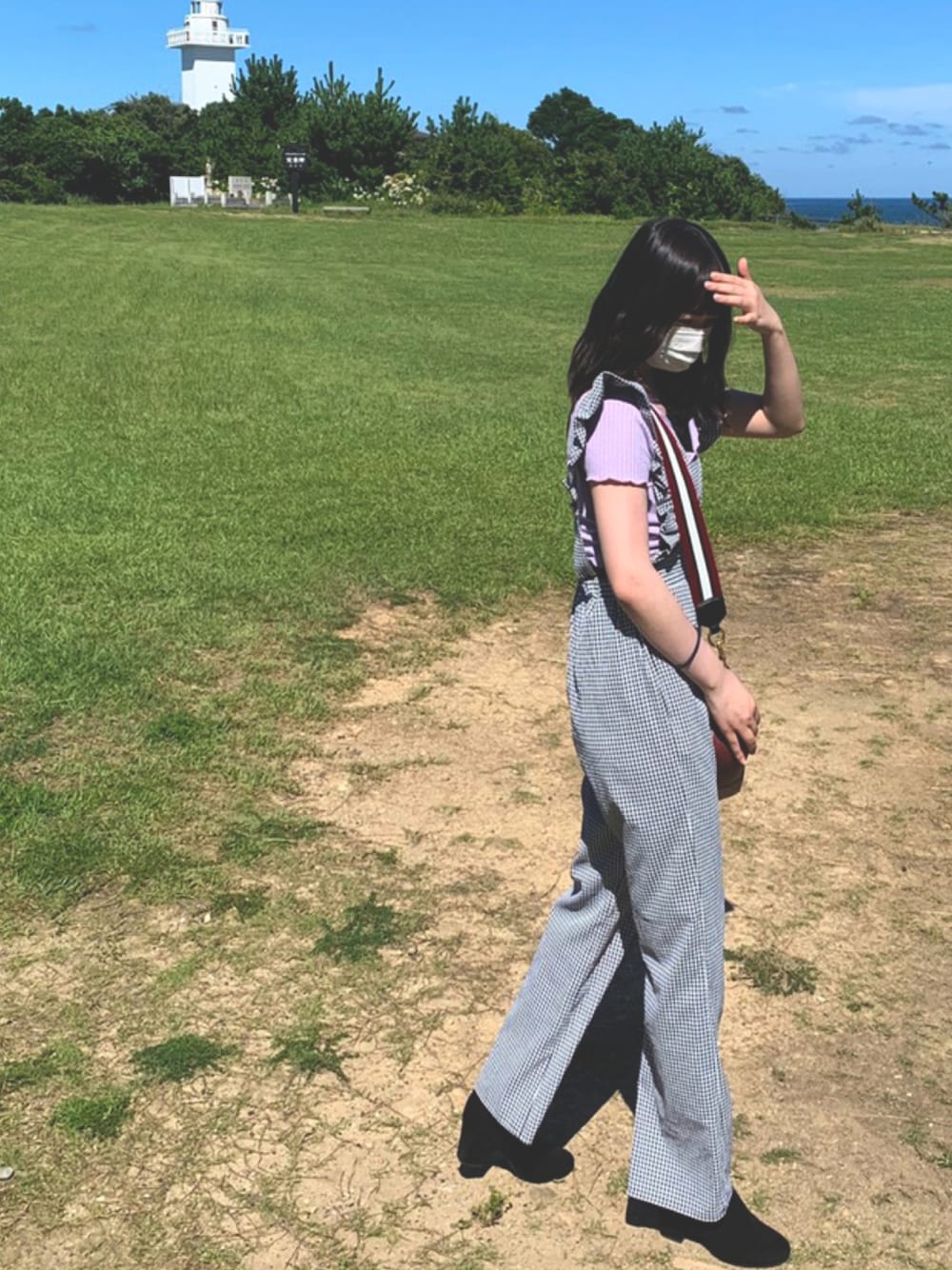 「ootd、チェック、フレンチガーリー」｜「NICE CLAUPのアイテム（つなぎ/オールインワン、ブラック系）」を使った、yuune´-さん（レディース・157cm）の秋コーディネートの1枚目の写真
