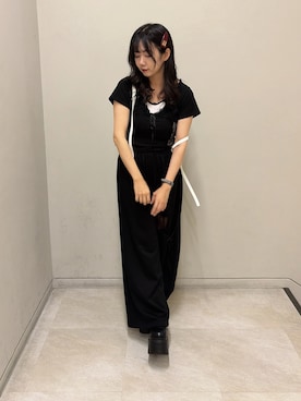 「one after another NICE CLAUP(ワンアフターアナザーナイスクラップ)のレイヤード風キャミ付きレースドッキングトップス(T Shirts、ブラック系)」を使った、Rio【 骨スト / ブルベ夏 】さん(レディース・163cm)の夏コーディネート
