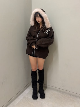 「one after another NICE CLAUP(ワンアフターアナザーナイスクラップ)の【Premium order】マシュマロフェイクファーパーカー(ニット/セーター、ブラウン系)」を使った、Rio【 骨スト / ブルベ夏 】さん(レディース・163cm)の夏コーディネート