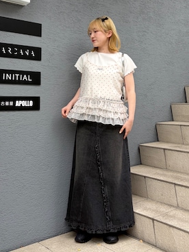 「w closet（ダブルクローゼット）のレースタグリブT（Tシャツ/カットソー、ホワイト系）」を使った、rimi_wcloさん（レディース・164cm）の春コーディネート