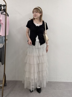 「w closet（ダブルクローゼット）の半袖レイヤードフリルカーディガン 夏服（Tシャツ/カットソー、ブラック系）」を使った、rimi_wcloさん（レディース・164cm）の夏コーディネート