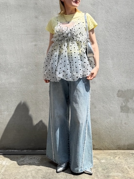 「w closet（ダブルクローゼット）のフリンジバギーデニムパンツ（デニムパンツ、ブルー系）」を使った、rimi_wcloさん（レディース・164cm）の春コーディネート