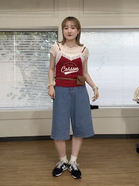 「w closet（ダブルクローゼット）のメロウレースTee（Tシャツ/カットソー、ホワイト系）」を使った、rimi_wcloさん（レディース・164cm）の夏コーディネート