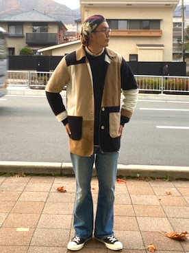 「柄×柄」｜「アイテム（ハンチング/ベレー帽）」を使った、tsutomuneさん（メンズ・180cm）の冬コーディネート