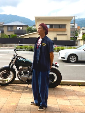 「半袖シャツ」｜「アイテム（サロペット/オーバーオール）」を使った、tsutomuneさん（メンズ・180cm）の夏コーディネート
