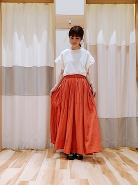 「Samansa Mos2 blue（サマンサモスモスブルー）のアイテム（スカート、オレンジ系）」を使った、kumimikuさん（レディース・148cm）の夏コーディネート