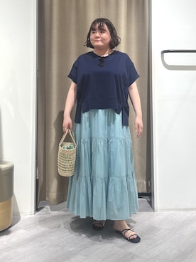 「Jena espace merveilleux(ジェナ エスパスメルヴェイユ)の【お気に入り件数1万人突破!】ビッグ変形Tシャツ(Tシャツ/カットソー、ブルー系)」を使った、jiinajena77さん(レディース・159cm)の春コーディネート