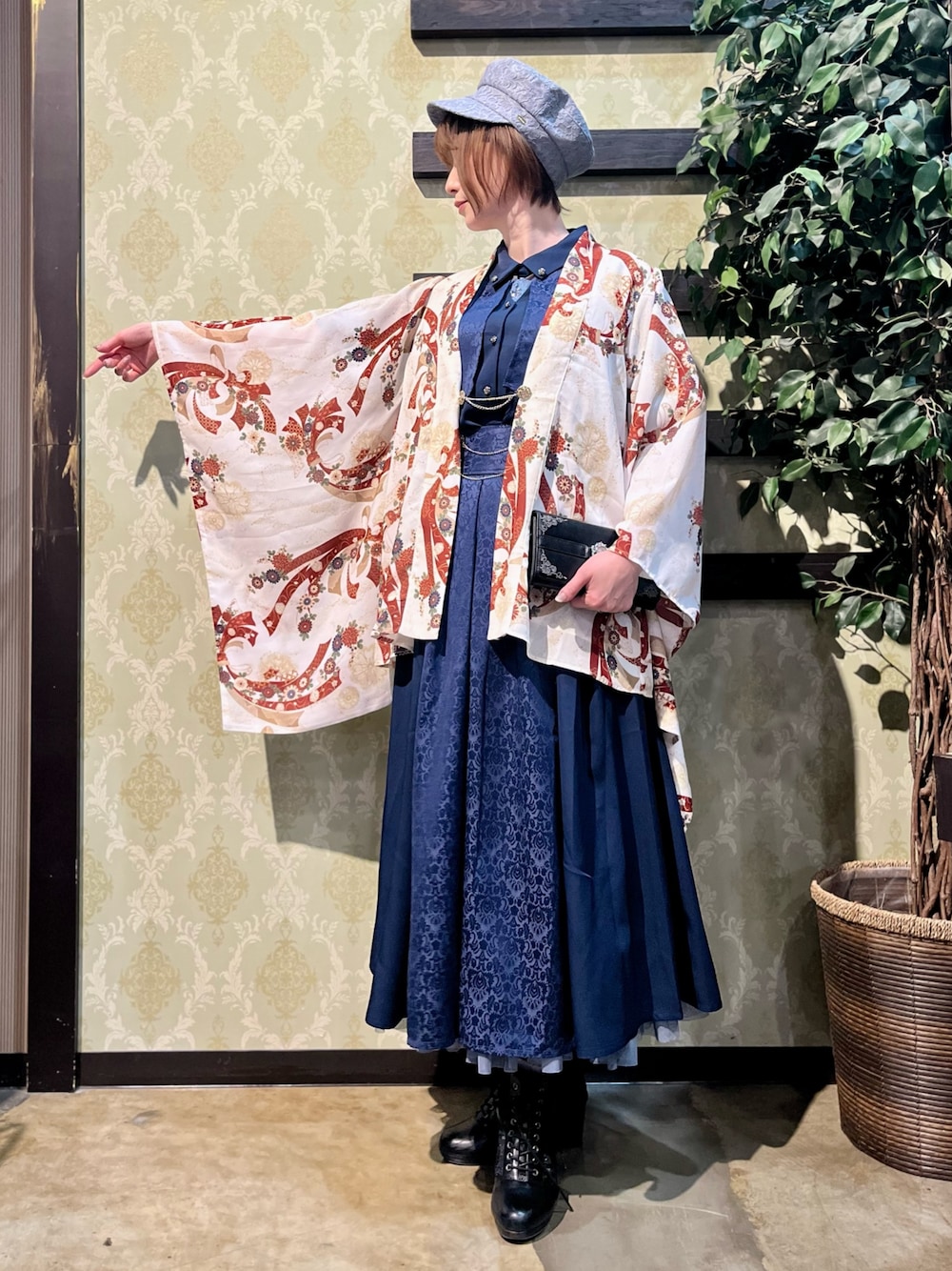 「春めき満開コーデ、キャップ、休日スタイル、デートコーデ、お出かけコーデ、大人カジュアル、axes femme、大人コーデ、お洒落さんとつながりたい、お花見コーデ、着物、春コーデ、大人女子、ジャガード、スカート」｜「axes femmeの総レースキャスケット（キャスケット、ブルー系）」を使った、ハナミズキさん（レディース・158cm）の春コーディネートの1枚目の写真