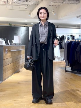 「JEANASIS（ジーナシス）のアソートチェックシャツLS/157636（シャツ/ブラウス、ブラック系）」を使った、airiさん（レディース）の春コーディネート